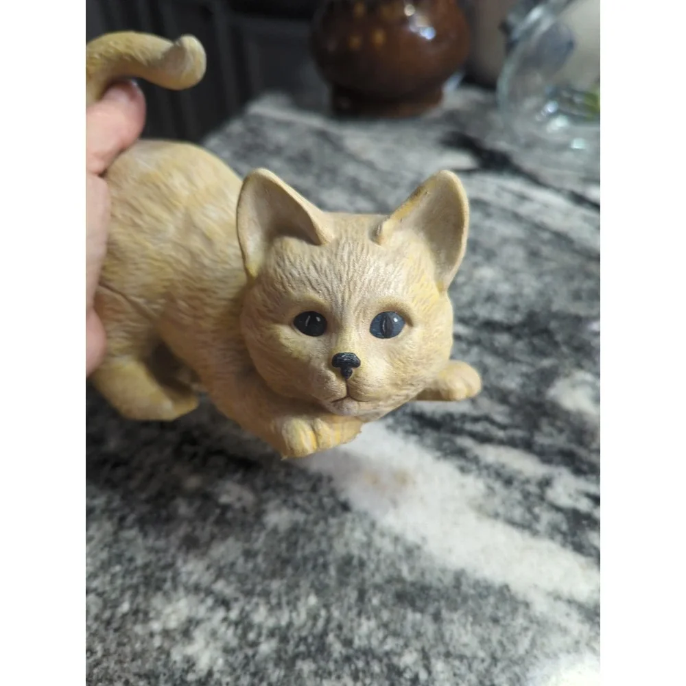 Vintage Playful Yellow Tabby Cat Bisque Ceramic Kitty Figurine Pouncing Kitten
